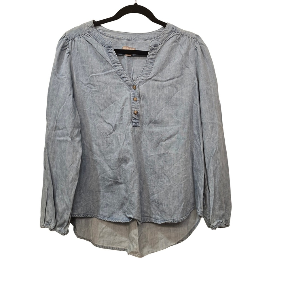 Falls Creek Chambray Blouse‎ Women's Large Blue Henley Long Sleeve Hi-Low Top